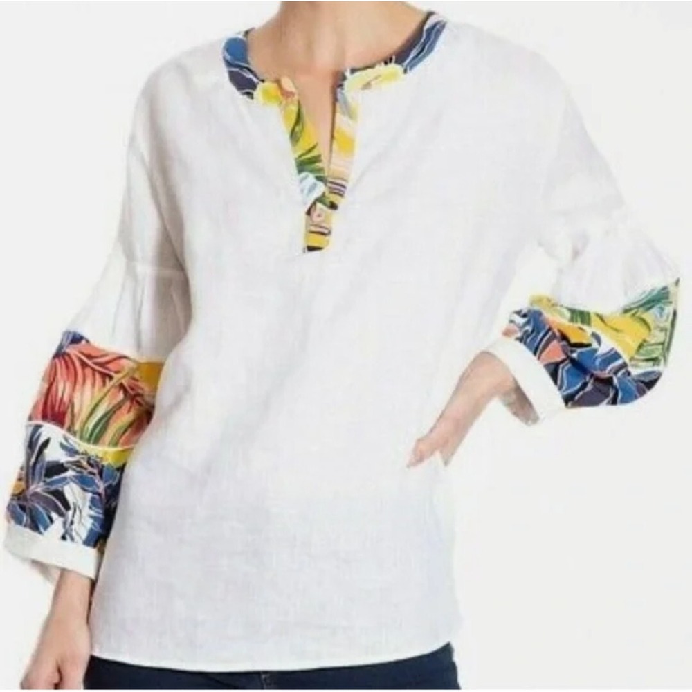John Mark Top NWOT Womens L White Linen Tropical Floral Boho Coastal Resortwear